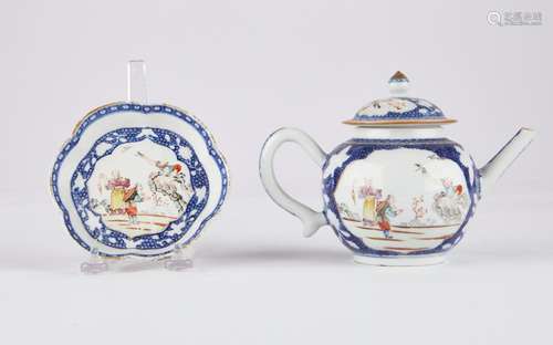 Chinese Export Famille Rose B&W Teapot & Undertray