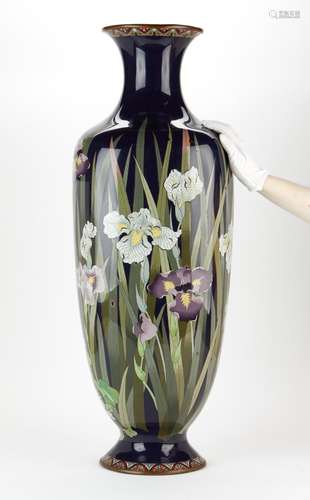 Monumental Japanese Meiji Cloisonne Vase w/ Irises