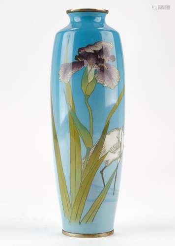 Japanese Cloisonne Vase w/ Iris and Crane