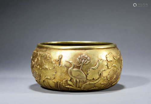 A Chinese Silver Gilding Lotus Bowl Marked Jia Qing