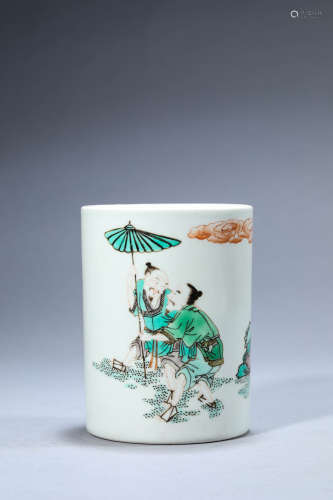 A Chinese Porcelain Wucai Story Brush Pot