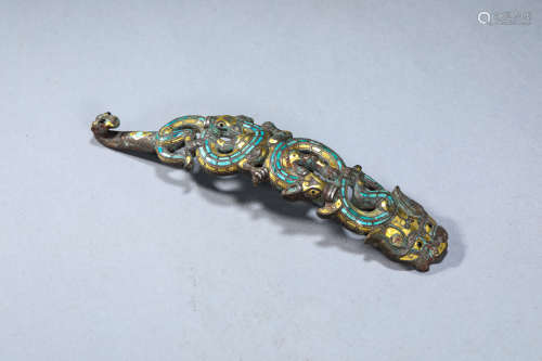 A Chinese Gold and Silver Inlaid Turquoise Dragon Belt Buckl...