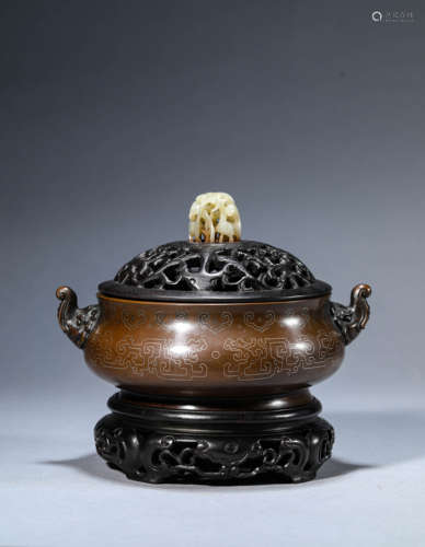 A Chinese Bronze Silver Inlaid Censer Marked Shi Sou