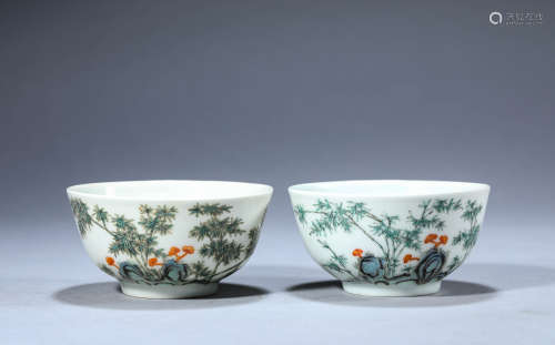 A Pair of Chinese Porcelain Famille Rose Ling Zhi Bowls Mark...