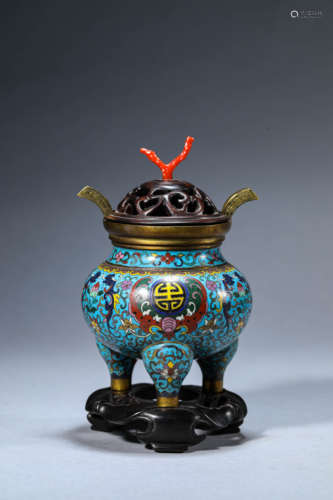 A Chinese Cloisonne Enamel Tripot Censer Marked Qian Long