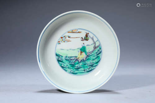 A Chinese Porcelain Doucai Sea and Figreu Dish Marked Yong Z...