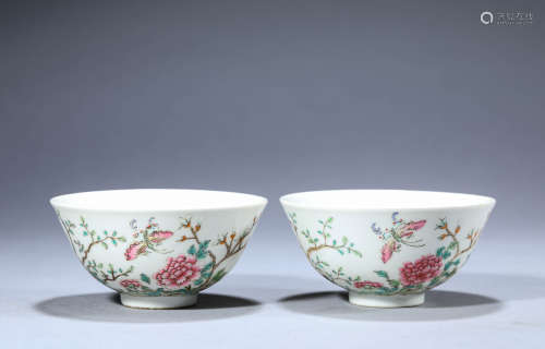A Pair of Chinese Porcelain Famille Rose Floral Bowls Marked...