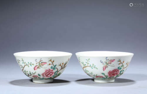 A Pair of Chinese Porcelain Famille Rose Floral Bowls Marked...