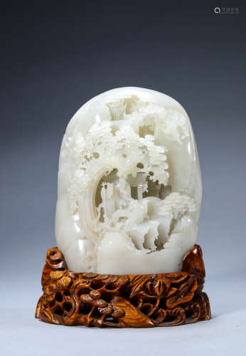 A Chinese Jade Mountain and People Carving