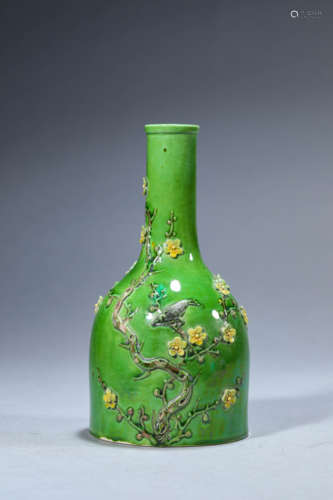 A Chinese Porcelain Green-Glazed Bird and Flower Vase