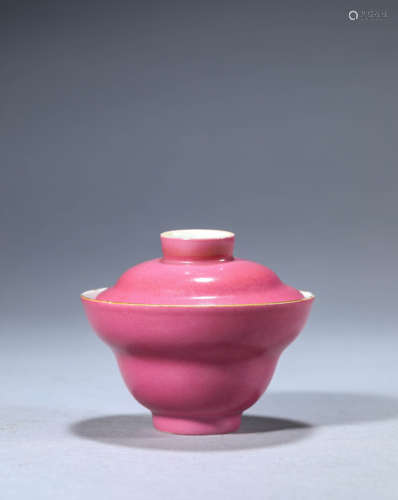 A Chinese Porcelain Pink-Glazed Bowl and Cover Marked Qian L...