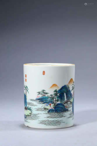 A Chinese Porcelain Famille Rose Mountain and River Brush Po...