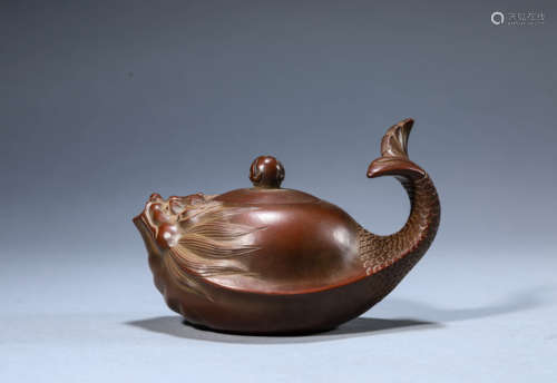 A Chinese Redware Fish and Dragon Teapot Marked Bo Jun