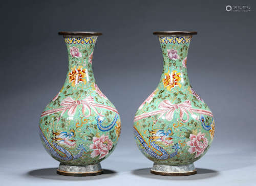 A Pair of Chinese Enamel Painted Dragon and Phoenix Vases Ma...