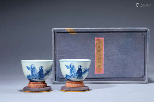 A Pair of Chinese Porcelain Blue and White Story Cups Marked...