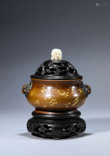 A Chinese Bronze Gold Splashed Censer Marked Xuan De