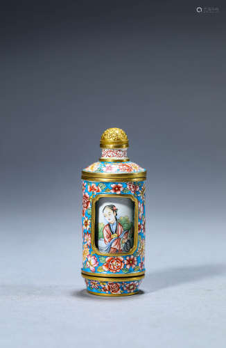 A Chinese Enamel Painted Story Snuff Bottle Marked Qian Long