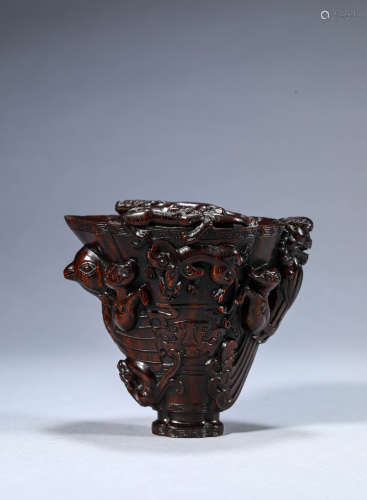 A Chinese Horn Chi Dragon Phoenix and Dragon Vase