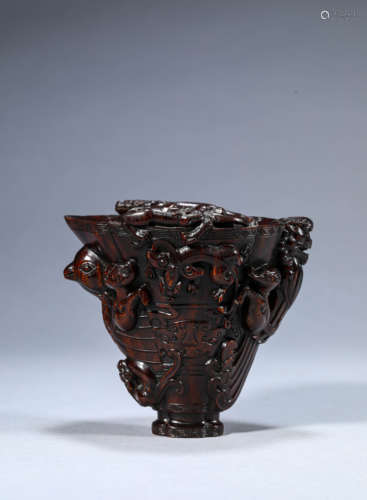 A Chinese Horn Chi Dragon Phoenix and Dragon Vase