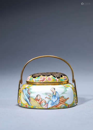 A Chinese Enamel Painted Story Hand Warmer Marked Qian Long