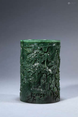 A Chinese Spinich Green Jade Scholar Under Pines Brush Pot