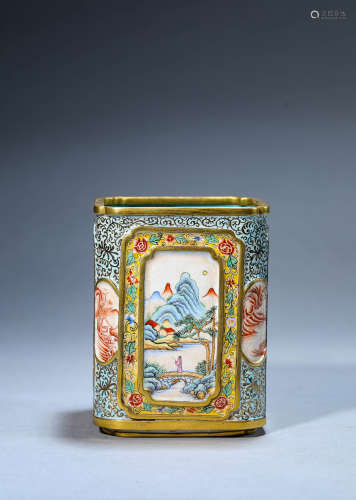 A Chinese Enamel Painted Mountain and River Brush Pot Marked...