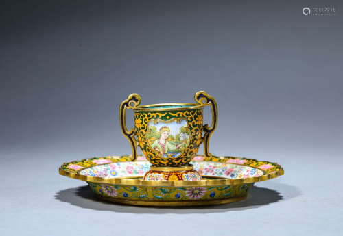 A Chinese Enamel Painted Figure Teacup and Holder Marked Qia...