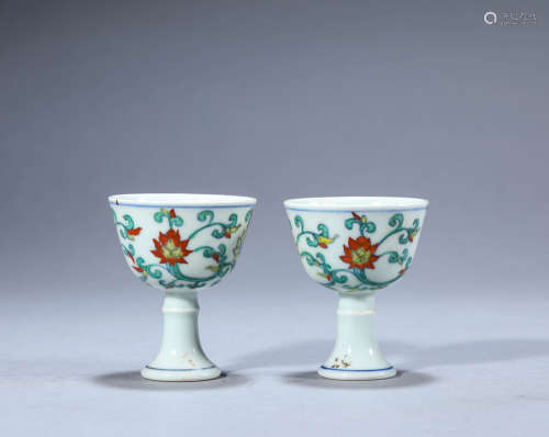 A Pair of Chinese Porcelain Doucai Floral Cups Marked Cheng ...