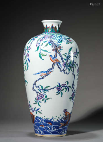A Chinese Porcelain Doucai Flower and Bird Meiping Vase Mark...