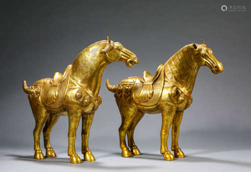 A Pair of Chinese Gilt-Bronze Horses