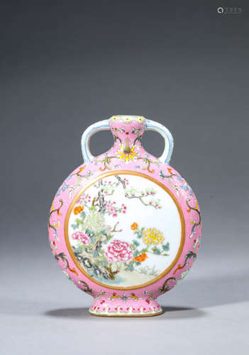 A Chinese Porcelain Famille Rose Floral Moonflask Marked Qia...