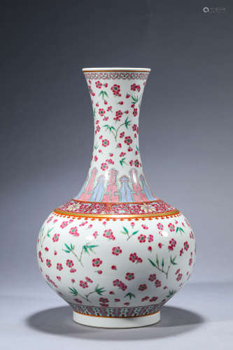A Chinese Porcelain Famille Rose Bamboo Vase Marked Qian  Lo...