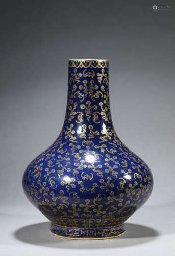 A Chinese Porcelain Blue Glazed Gilt Inlaid Vase Marked Guan...