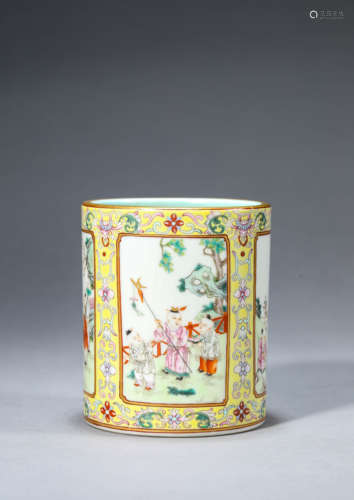 A Chinese Porcelain Famille Rose Children Brush Pot Marked J...