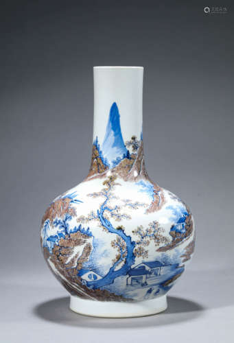 A Chinese Porcelain Blue and White Mountain and River Vase M...