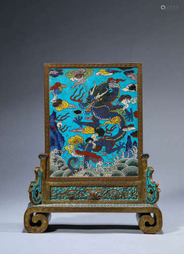 A Chinese Cloisonne Enamel Dragon and Phoenix Screen