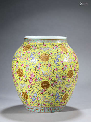 A Chinese Porcelain Yellow Ground Famille Rose Longevity Jar...