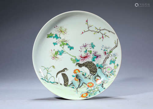 A Chinese Porcelain Famille Rose Bird and Flower Dish Marked...