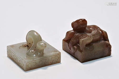 Set Of Two Carved Brownish Jade Seals(Dragon And Snake)