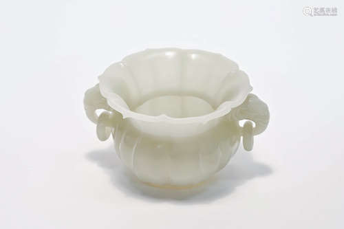 Carved White Jade Double Elephant-Eared Cup