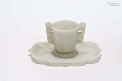 Carved White Jade Cup And Cup Stand