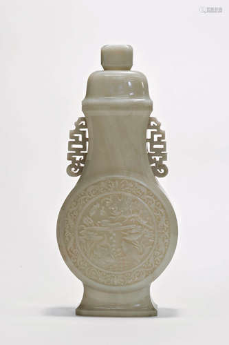 Carved White Jade Moon Flask