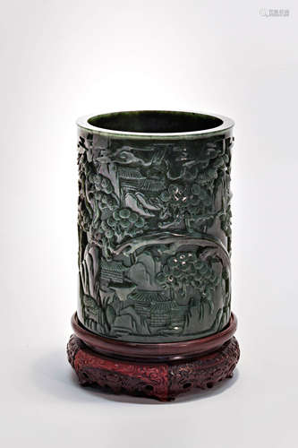 Carved Jasper Jade Figure Brush Pot