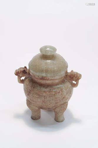 Carved White Jade Twin-Eared Tripod Censer