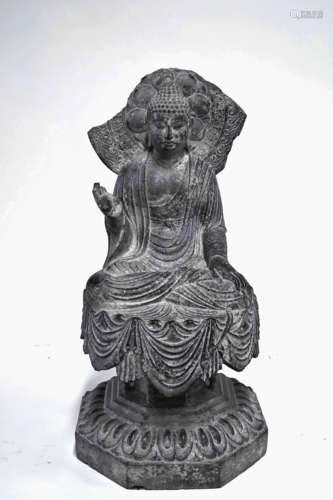 Carved Grey Stone Figure Of Seated Buddha