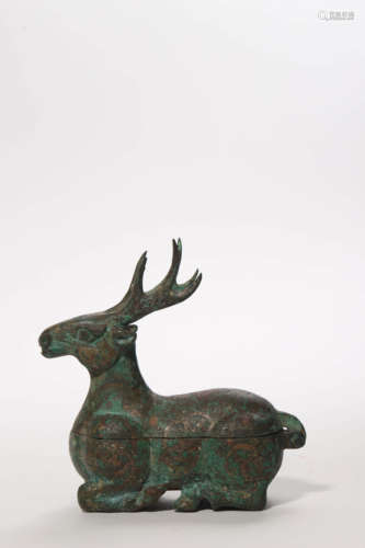 Silver Inlaying Bronze Ritual Stag Lamp