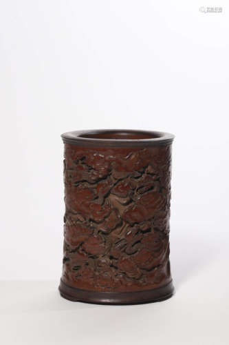 Carved Bamboo Dragon And Cloud Brush Pot