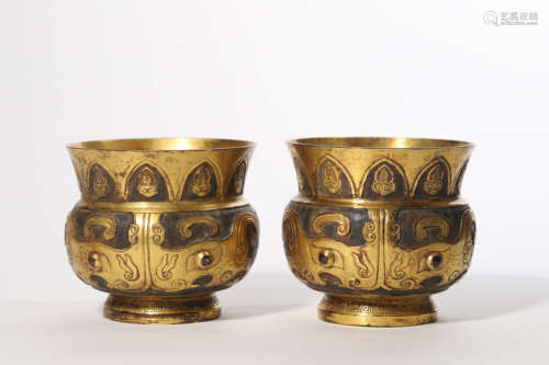 Pair Of Gilt Bronze Taotie Censers