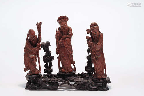 Carved Boxwood Figure Of Fu&Lu&Shou Immortals