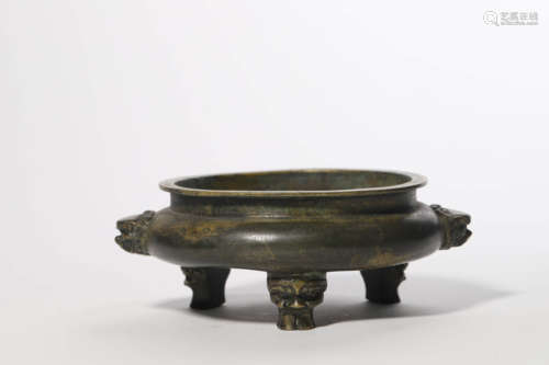 Bronze Lion-Eared Tripod Compressed Censer